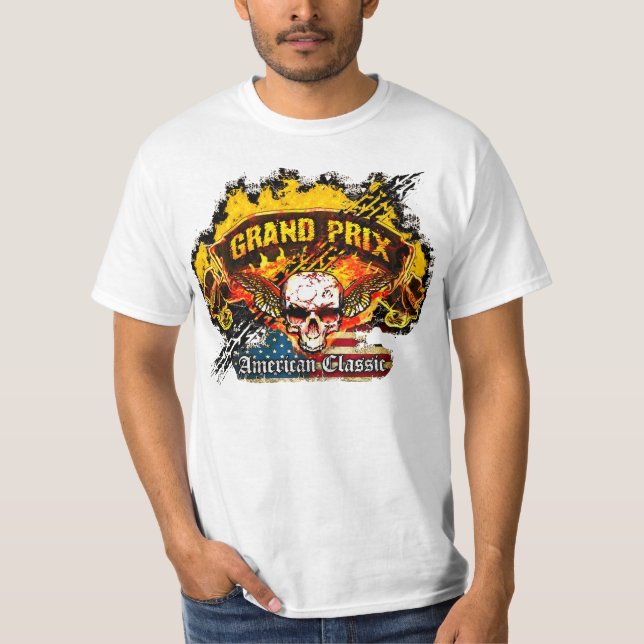 Pontiac Grand Prix - Burnout Banner Skull -n- Flag T-Shirt (Front)