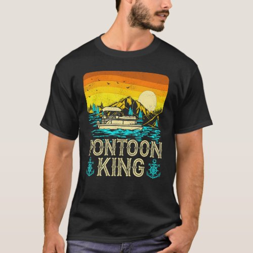 Pontoon King Retro Sunset Pontoon Motor Boat Capta T_Shirt
