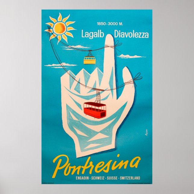 Pontresina Ski Switzerland Vintage Travel Poster (Front)