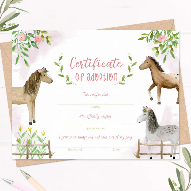 Pony adoption certificate, certificate of adoption | Zazzle