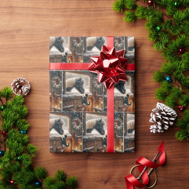 Pony and Kitten In Christmas Barn Wrapping Paper (Holiday Gift)