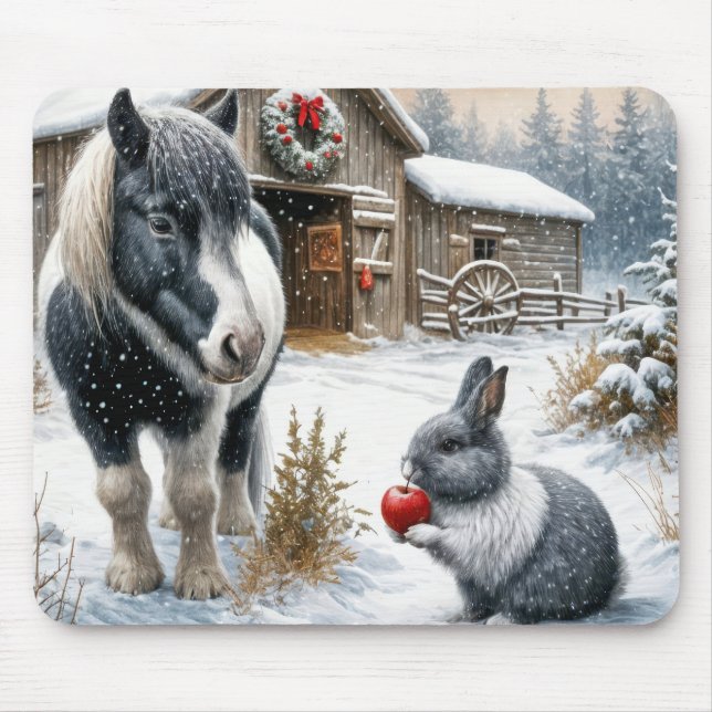 Pony and Rabbit On a Christmas Farm Mouse Pad (Front)