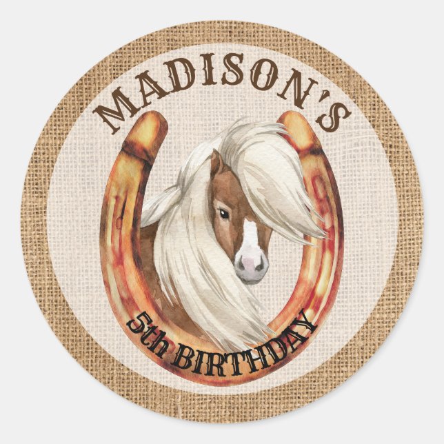 Pony birthday giddy up cowgirl cowboy party classic round sticker (Front)