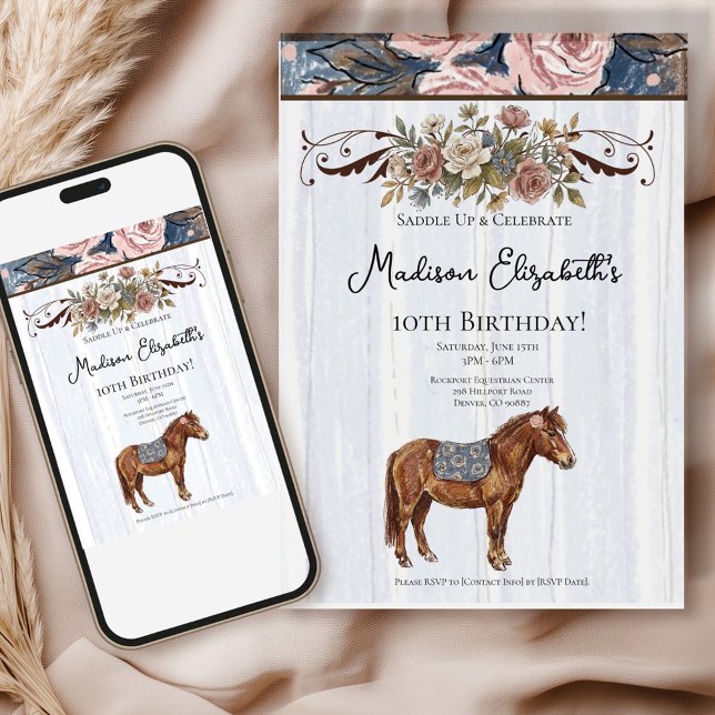 Pony Birthday  Invitation ( This charming theme combines the elegance of French country décor with whimsical pony illustrations)