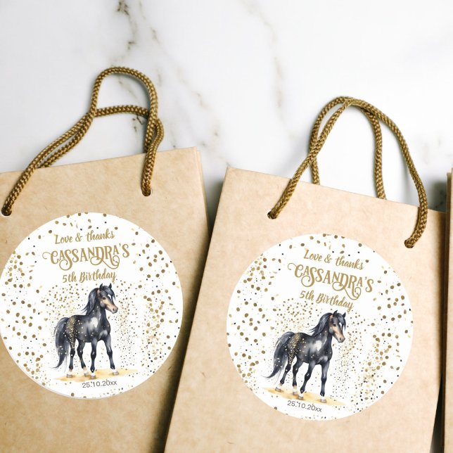 Pony birthday party black horse gold sprinkles classic round sticker (Pony birthday party thank you favor gift stickers watercolor black horse gold sprinkles)