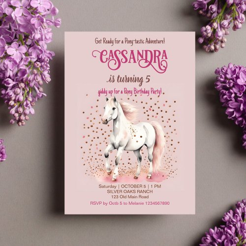 Pony birthday party white horse rose sprinkles invitation