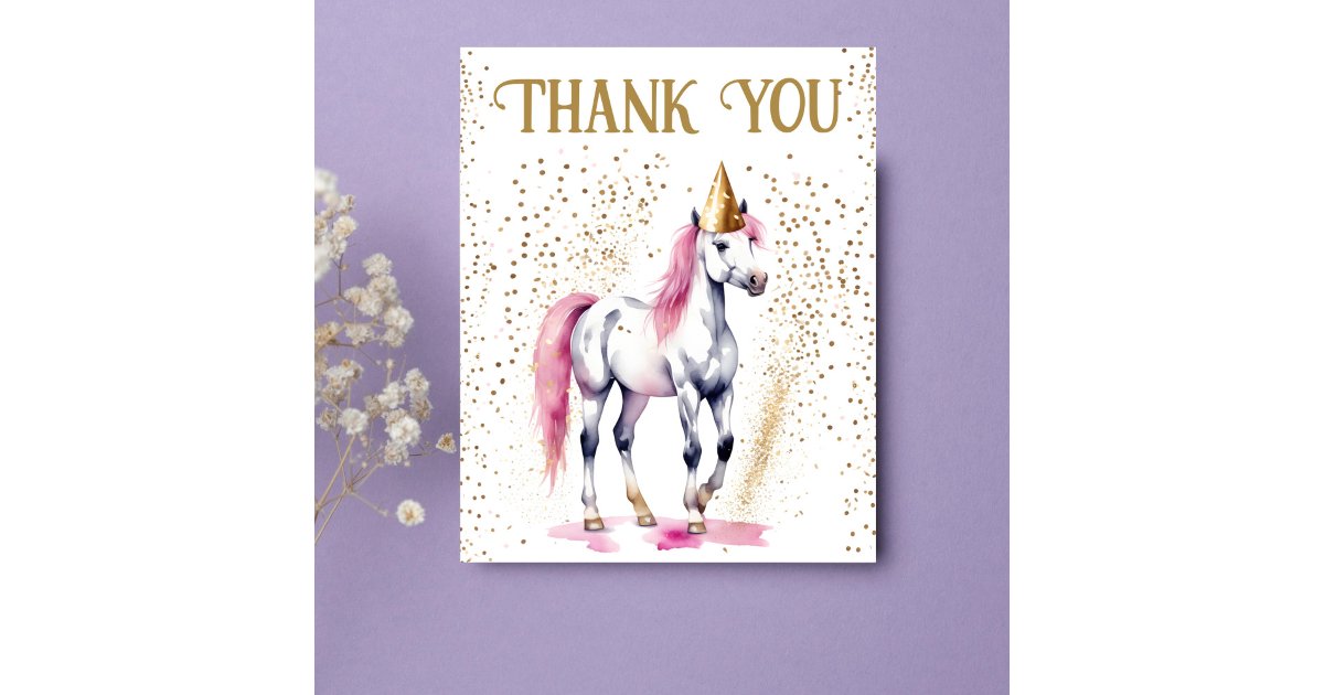 Pony birthday party white horse thank you card | Zazzle