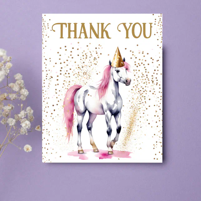 Pony birthday party white horse thank you card | Zazzle