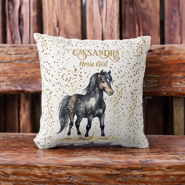 Pony black horse gold sprinkles horse girl gifts throw pillow (Pony black horse gold sprinkles horse girl gifts personalized name  pillow horse room decor gifts)