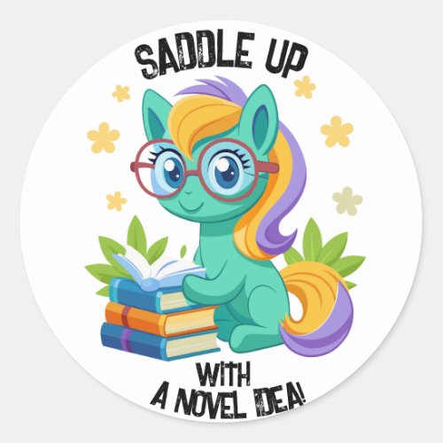 Pony Book Reading Encouragement Personalize Classic Round Sticker