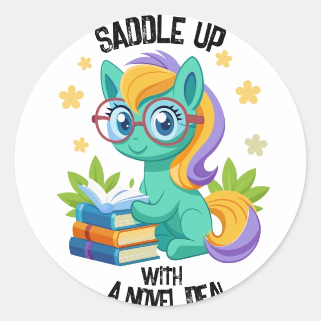 Pony Book Reading Encouragement Personalize Classic Round Sticker (Front)