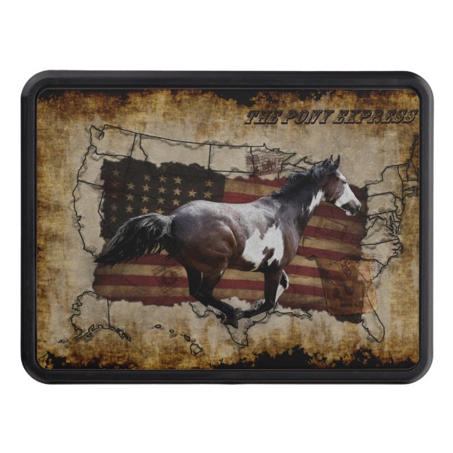 Pony Express Pinto Horse Delivering US Mail Trailer Hitch Cover (Front)
