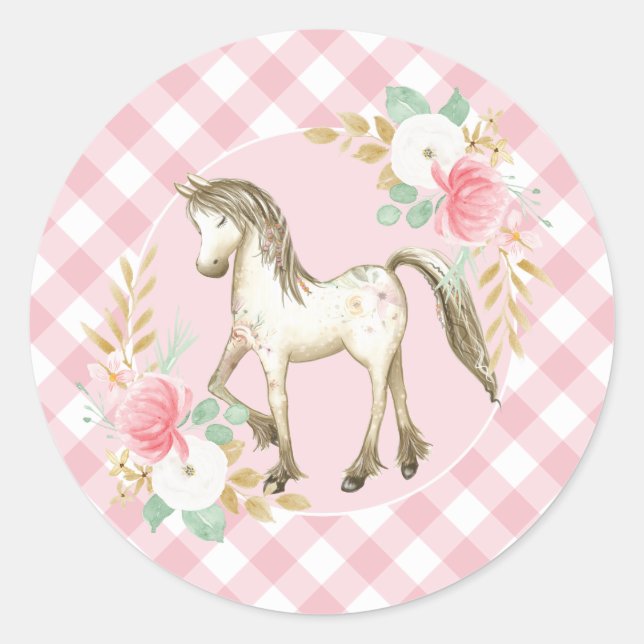 Pony floral and plaid Birthday Party stickers (Front)