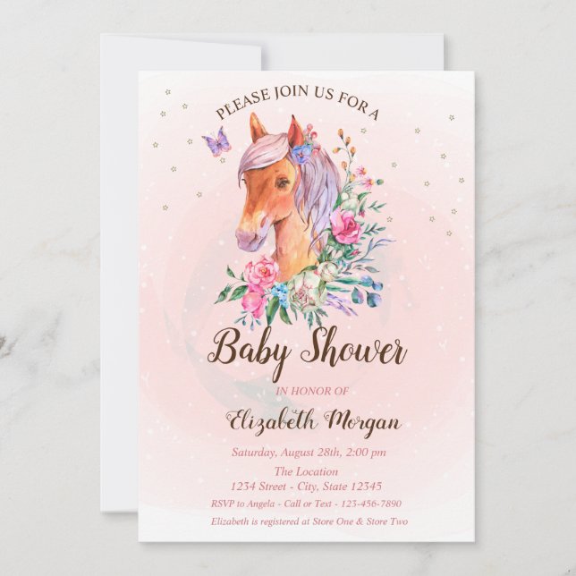 Pony Flowers Stars Baby Shower Invitation (Front)