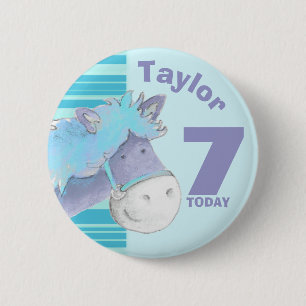 Pony horse kids 7th birthday blue button