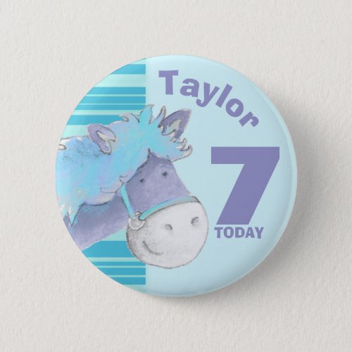 Pony horse kids 7th birthday blue button