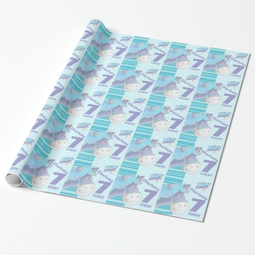 Pony horse kids 7th birthday blue stripe wrap wrapping paper