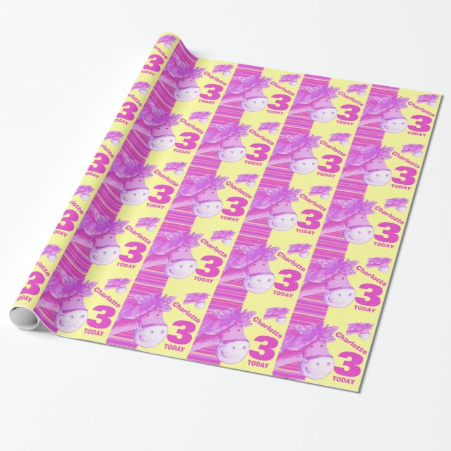 Pony kids 3rd birthday stripe wrapping paper (Unrolled)