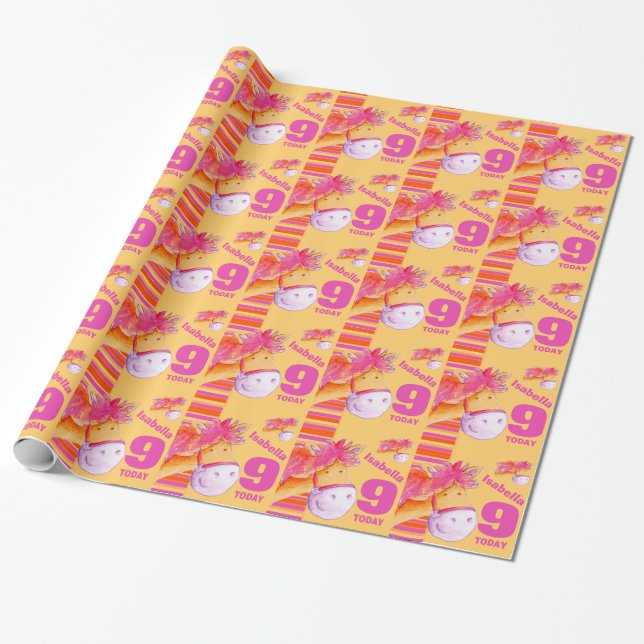 Pony kids 9th birthday stripe wrapping paper (Unrolled)
