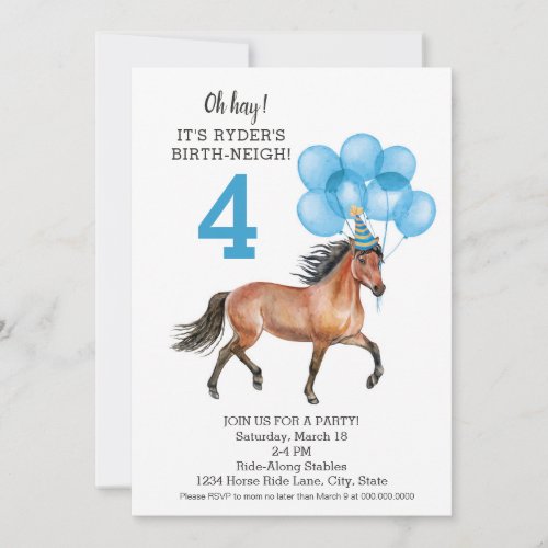 Pony Ride Blue Birthday Party  Horse Birth_neigh Invitation