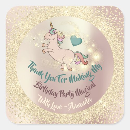 Pony Unicorn Thank Favor Pink Rose Gold Heart Square Sticker