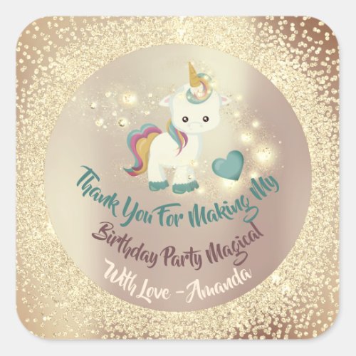 Pony Unicorn Thank You Favor Glitter Gold Heart Square Sticker