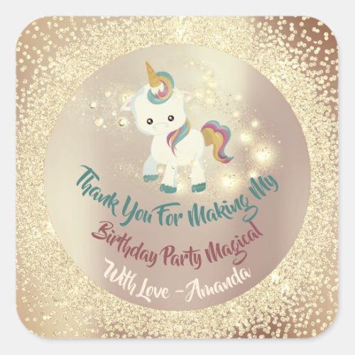 Pony Unicorn Thank You Favor Glitter Gold Teal Square Sticker