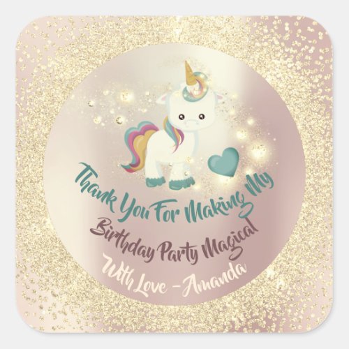 Pony Unicorn Thank You Favor Rose Gold Heart Square Sticker