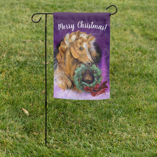 Pony with Christmas Wreath Garden Flag (In SItu)