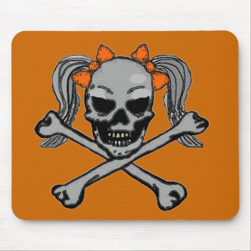 Ponytail skull and crossbones with orange bows mouse pad | Zazzle