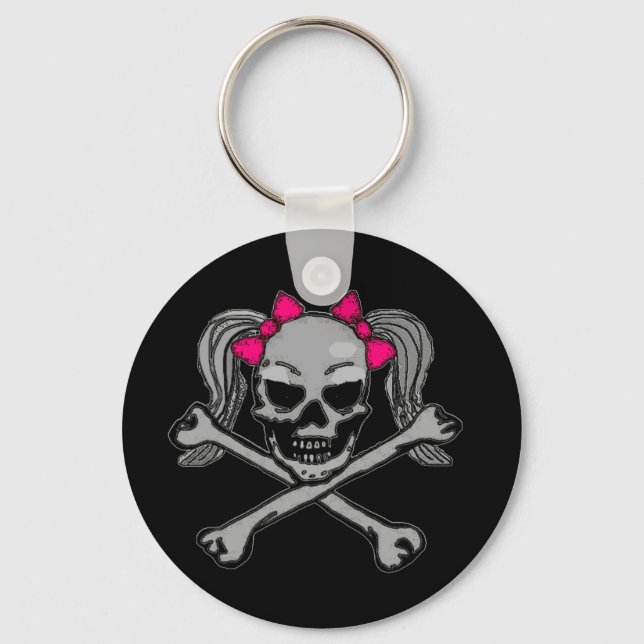 Ponytail skull w/ pink bows keychain (Front)