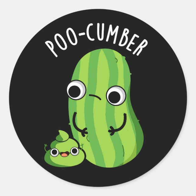 Poo-cumber Funny Cucumber Pun Dark BG Classic Round Sticker (Front)
