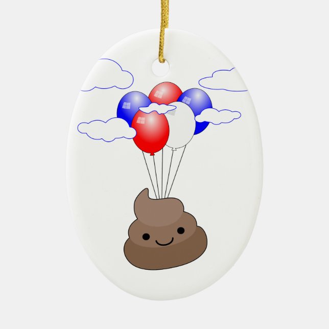 Poo Emoji Flying With Balloons Ceramic Ornament (Front)