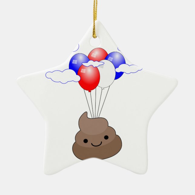 Poo Emoji Flying With Balloons Ceramic Ornament (Front)