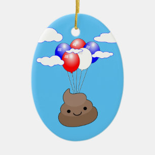 Poo Emoji Flying With Balloons In Blue Sky Ceramic Ornament