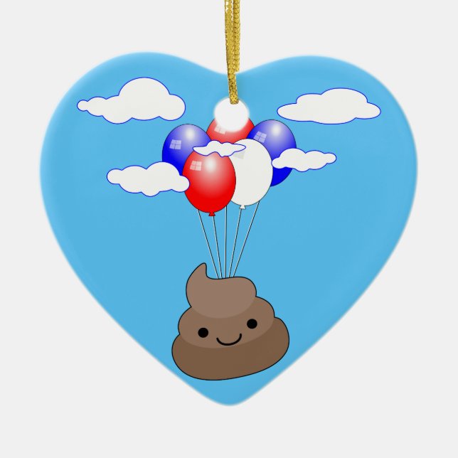 Poo Emoji Flying With Balloons In Blue Sky Ceramic Ornament (Front)