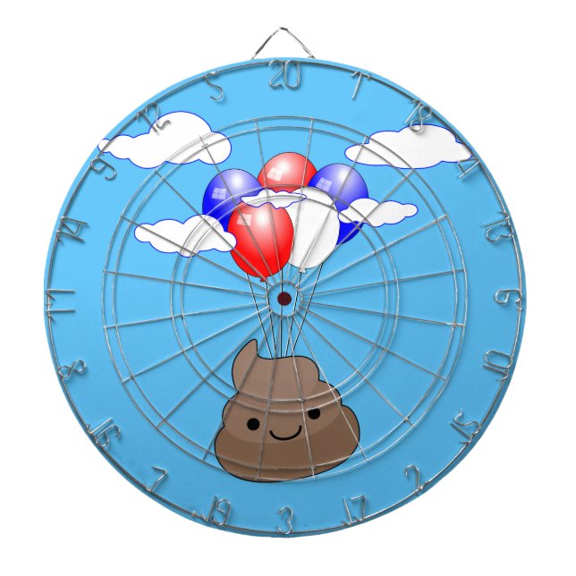 Poo Emoji Flying With Balloons In Blue Sky Dart Board (Front)