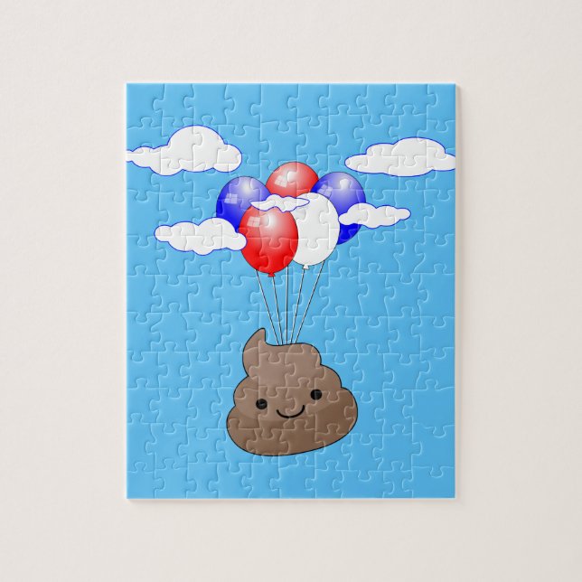Poo Emoji Flying With Balloons In Blue Sky Jigsaw Puzzle (Vertical)