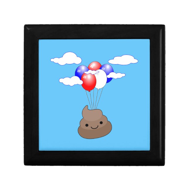 Poo Emoji Flying With Balloons In Blue Sky Keepsake Box (Front)