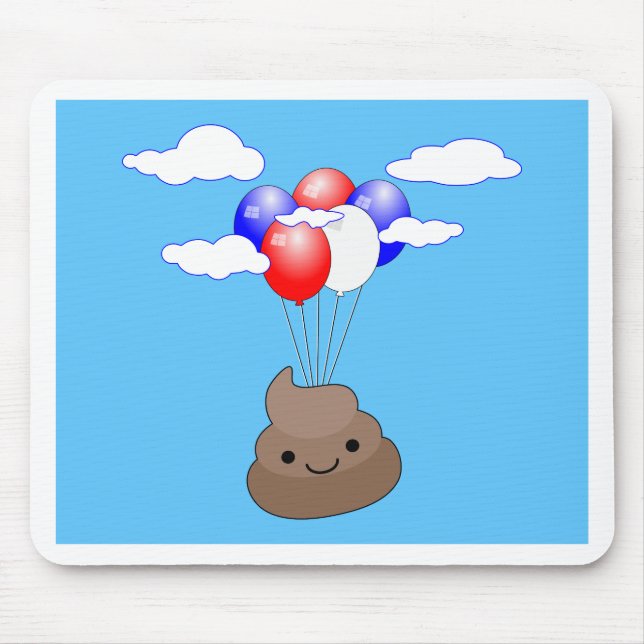 Poo Emoji Flying With Balloons In Blue Sky Mouse Pad (Front)