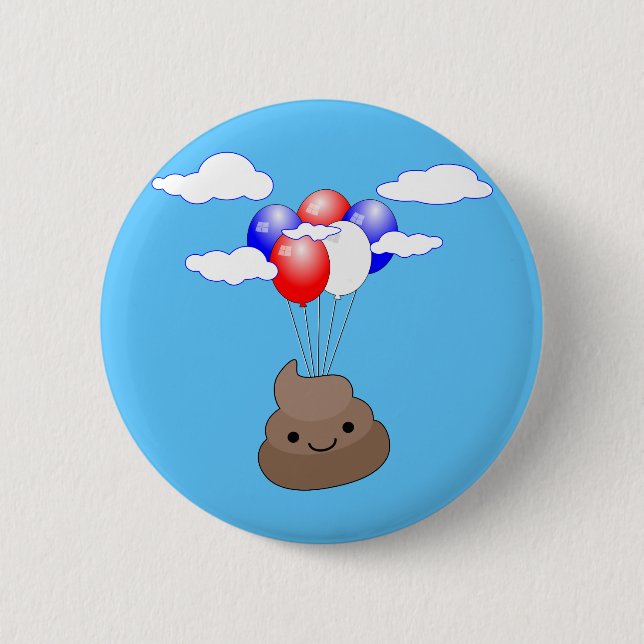 Poo Emoji Flying With Balloons In Blue Sky Pinback Button (Front)