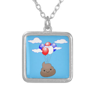 Poo Emoji Flying With Balloons In Blue Sky Silver Plated Necklace