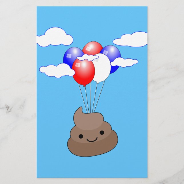 Poo Emoji Flying With Balloons In Blue Sky Stationery (Front)