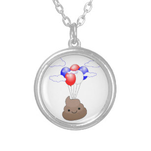 Poo Emoji Flying With Balloons Silver Plated Necklace
