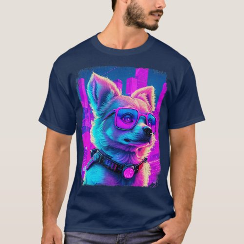 Poochon Dog Cyber Vaporwave 80s Synthwave Retrowav T_Shirt