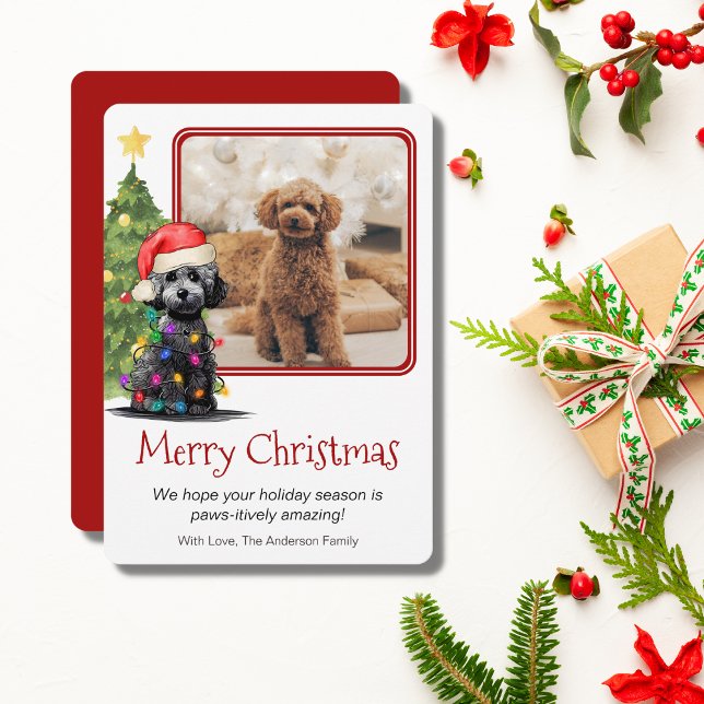 Poodle and Christmas Tree Pet Dog One Photo Holiday Card (Creator Uploaded)