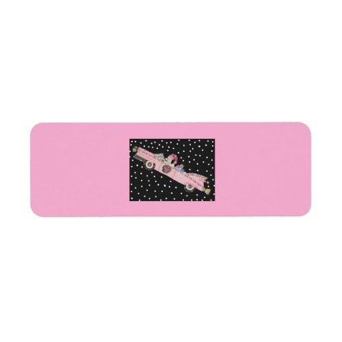 Poodle at Christmas in a pink convertible Label