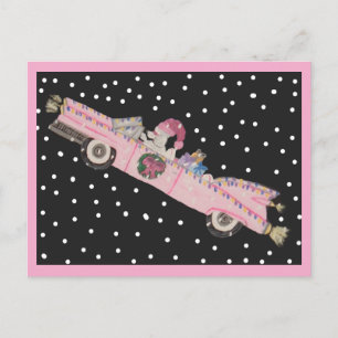 Poodle at Christmas in a pink convertible Postcard