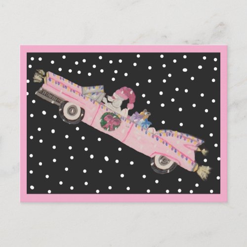 Poodle at Christmas in a pink convertible Postcard