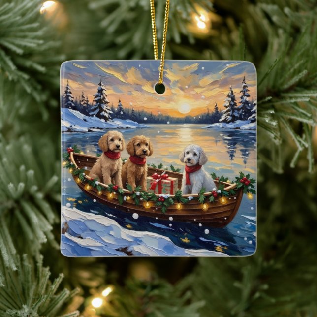 Poodle Christmas Boat Holiday Ceramic Ornament (Tree)